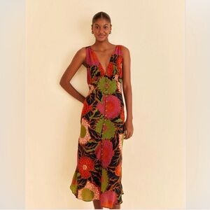 FARM Rio Black Midi Dress with Pink, Red, Orange & Green Floral Print